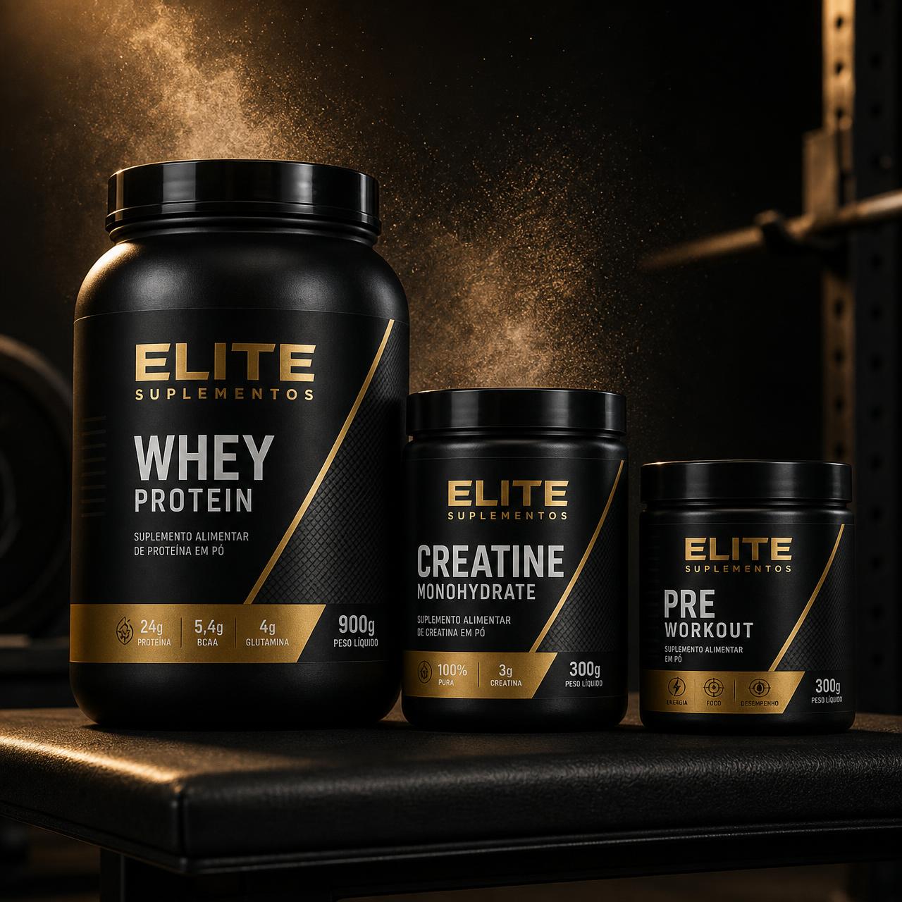Whey, creatina e shaker Elite Suplementos em ambiente de academia